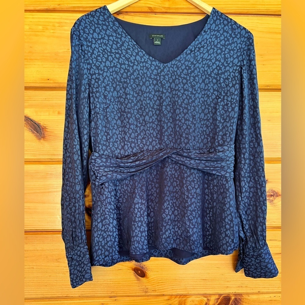 Ann Taylor Blouse Womens Size 2 Navy Blue Long Sleeve Side Zip Chiffon Top
